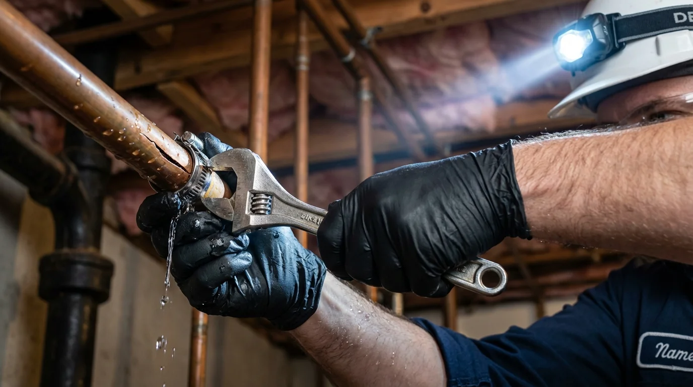 Emergency pipe clamp repair being performed by a Johns Plumbing LLC plumber in Manassas