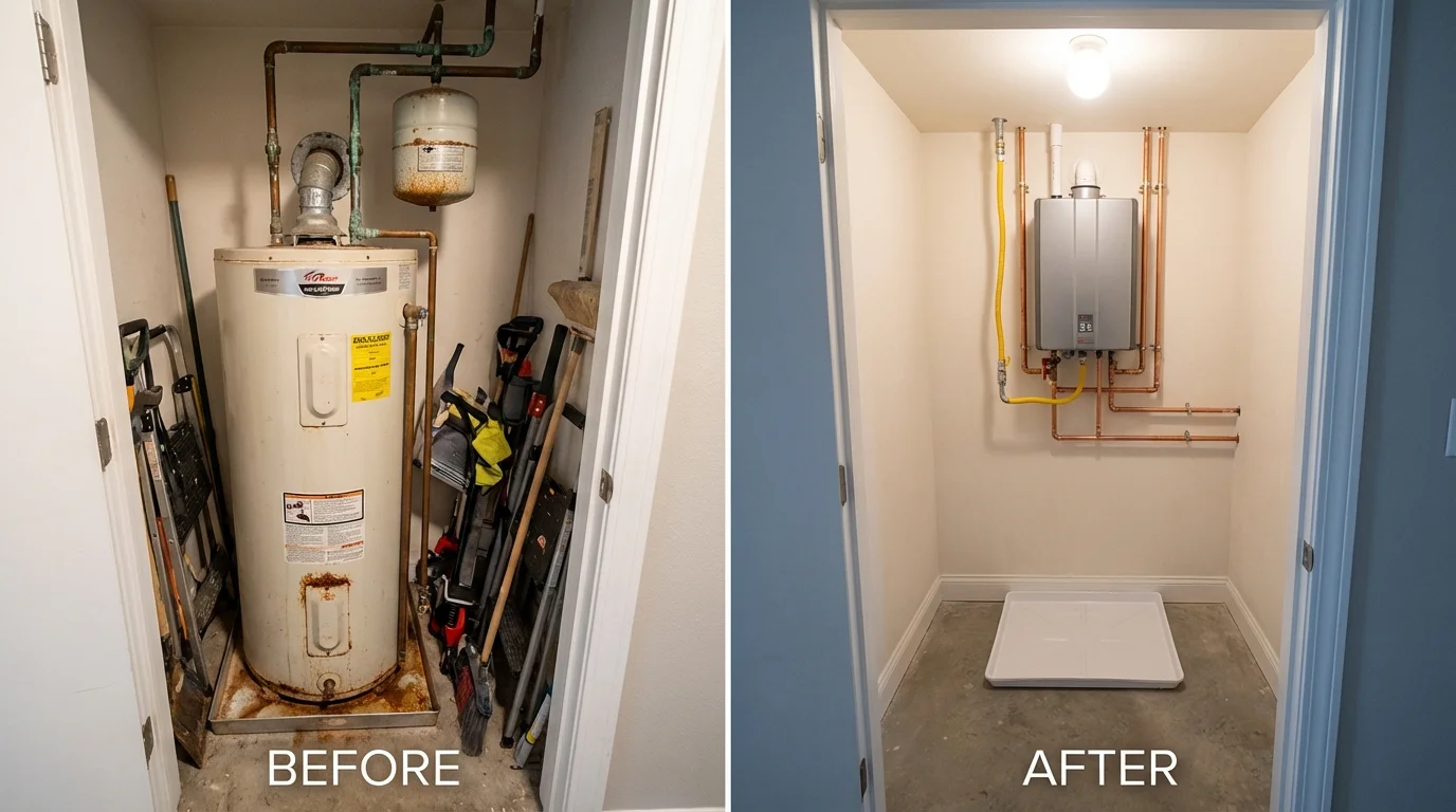 Tank water heater versus wall-mounted tankless unit comparison for Manassas, VA homeowners