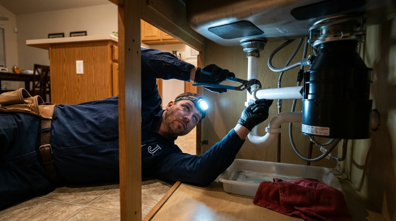 P-trap and supply line connections under a kitchen sink showing a common leak point in Manassas, VA
